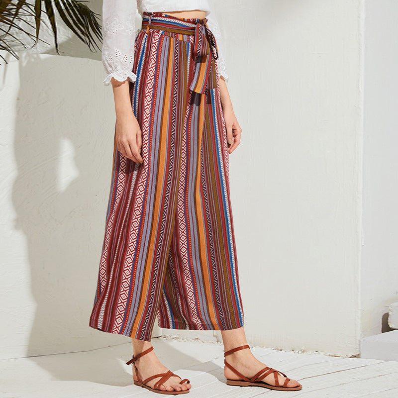 Striped Print Ethnic Style Lace-Up Womens Boho Wide-Leg Trousers Casual Loose Wholesale Pants