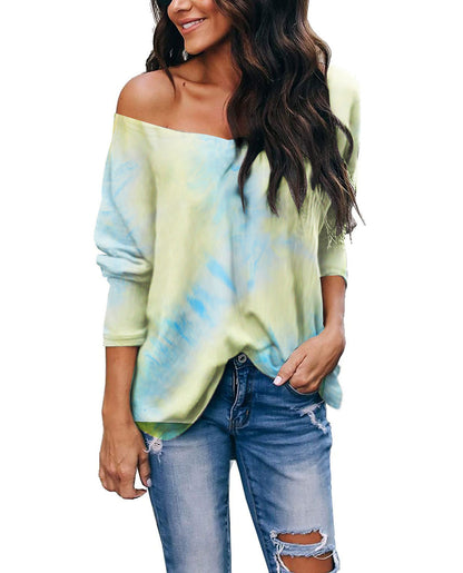 Tie-Dye Print Long Sleeve V-Neck Loose Women Tops Wholesale T Shirts Casual