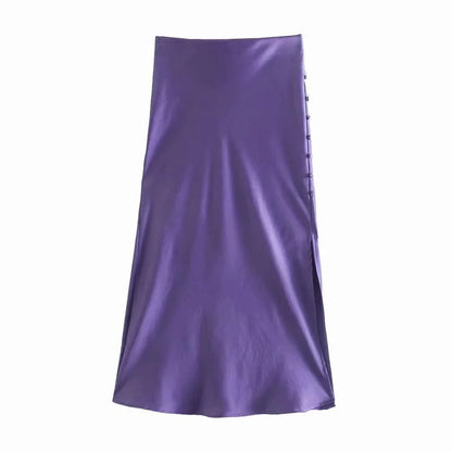 Solid Color High Waist Single Breasted Slit Slim Business Casual Women A-Line Satin Skirts Wholesale