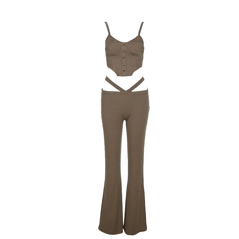 Sexy Suits Tight Irregular Camisole & Cutout Flared Pants Wholesale Women'S 2 Piece