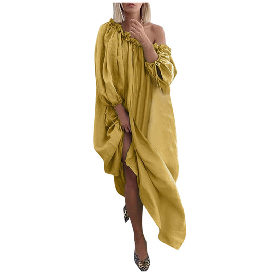 Solid Color Retro Style Long Sleeve Loose Off Shoulder Linen Wholesale Maxi Dresses Vacation Dress