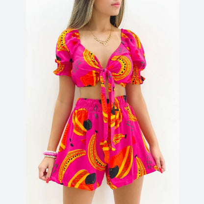 Printed Puff Sleeve Tie-Up Crop Tops & Shorts Sexy Vacation Suits Wholesale Womens 2 Piece Sets