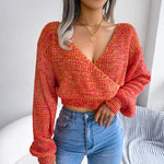 Sexy Crossover Lantern Sleeves V-Neck Knitted Crop Tops Wholesale Sweater