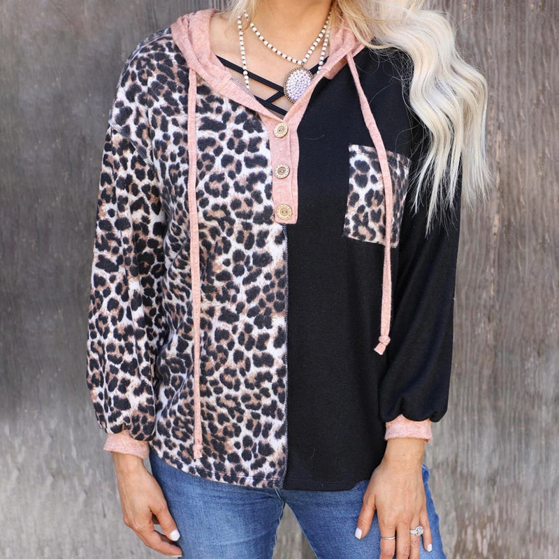 Women Fashion Leopard Print Drawstring Hooded Wholesale Blouses