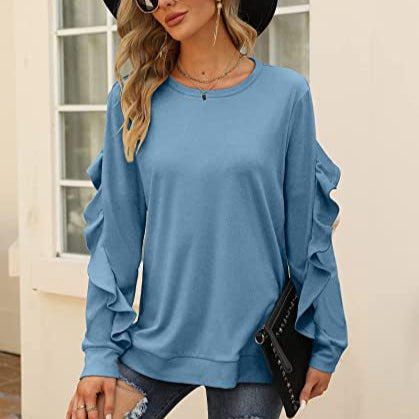 Ruffled Long-Sleeve Crew Neck T Shirts Wholesale Womens Tops