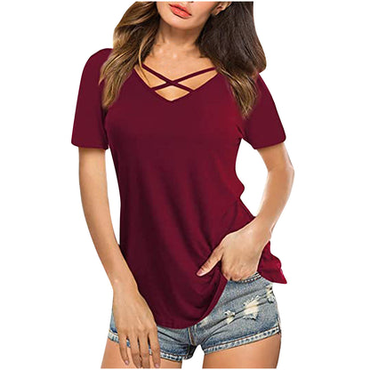 Solid Color Crossover V-Neck Short Sleeve Loose Wholesale T Shirt Casual Women'S Tops