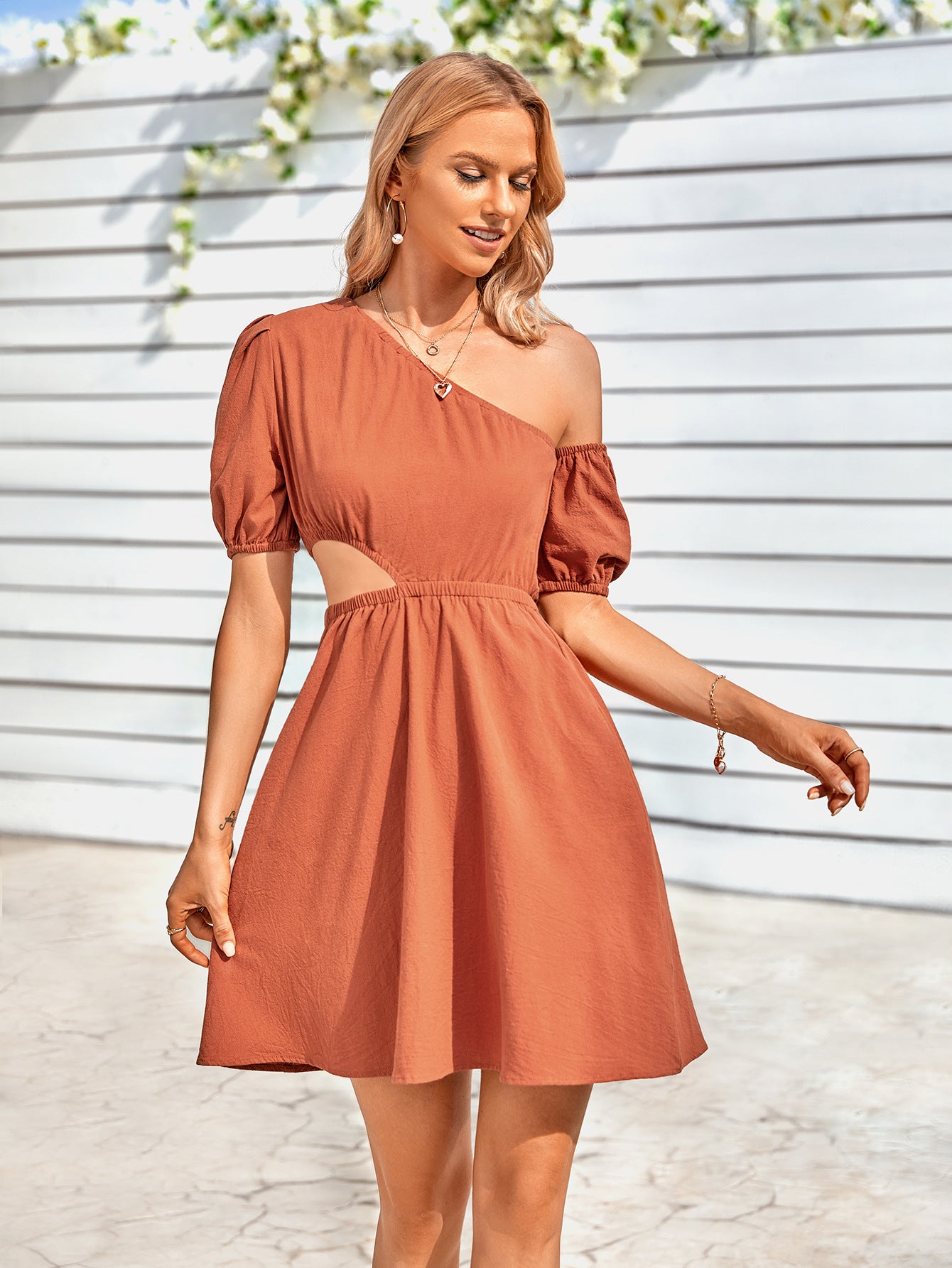 One Shoulder Hollow Waist Solid Color Puff Sleeve Resort Dress Wholesale Dresses