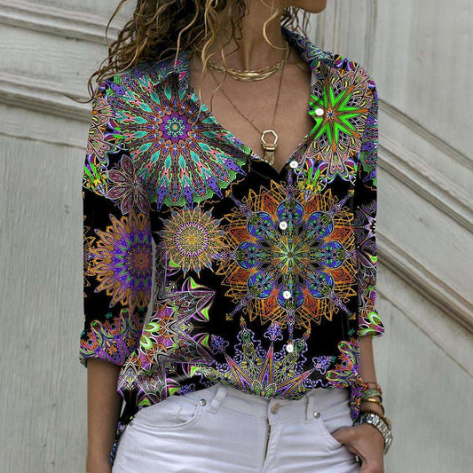 Retro Floral Mulitcolor Kaleidoscope Printed Fashion Womens T Shirts Long Sleeve Wholesale Blouse