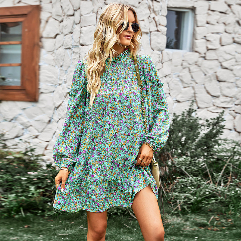 Casual Floral Mini Dress Long Sleeve Crew Neck Vacation Wholesale Dresses