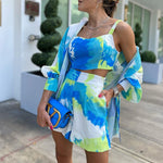 Casual Color Contrast Tie-Dye High-Waisted Shorts Camisole Long-Sleeved Lapel Shirt Wholesale Three-Piece Suit