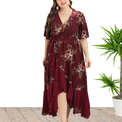 Wholesale Women'S Plus Size Clothing Low-Cut V-Neck Ruffled Irregular Strap Printed Dress