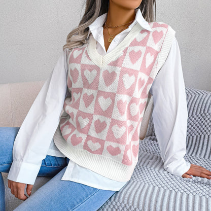 Love Pattern V Neck Sleeveless Knitted Sweater Vest Wholesale Women Clothing