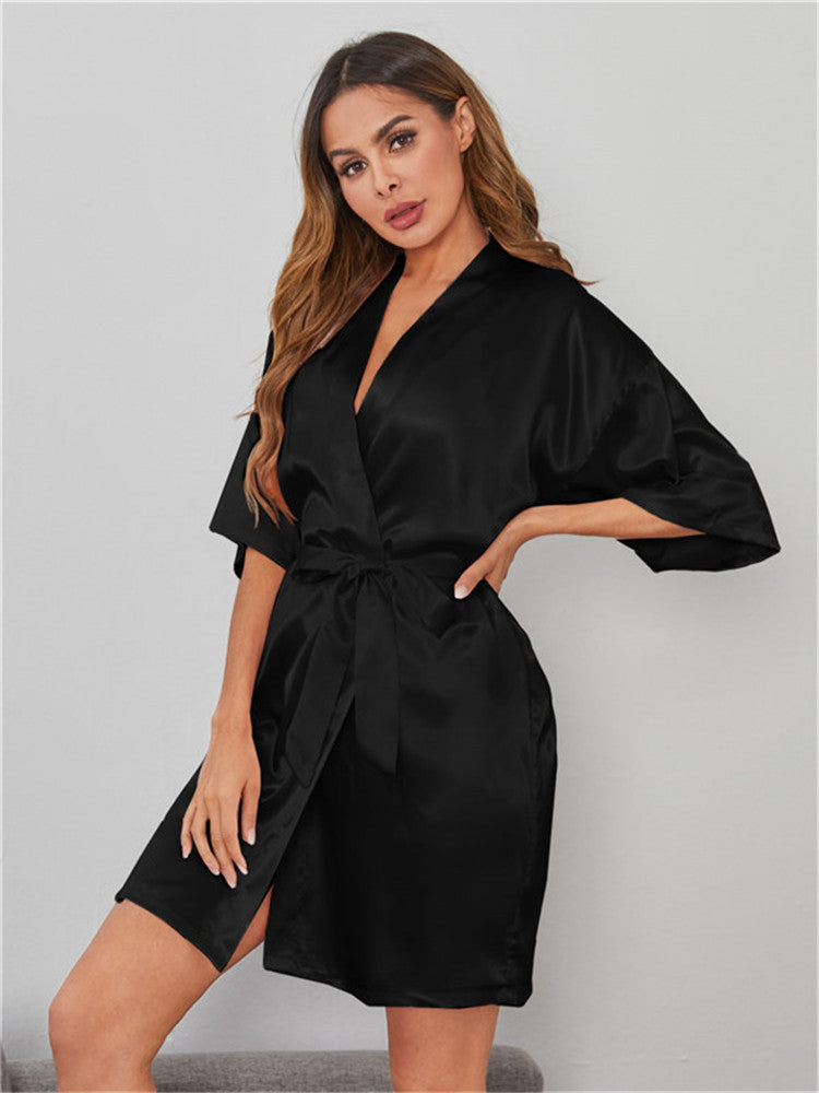 Solid Color Bathrobe Womens Satin Nightgown Casual Home Wear Wholesale Loungewear