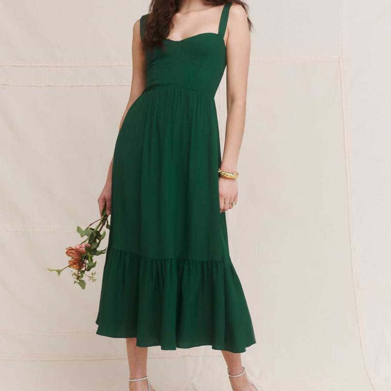 Vintage Solid Color Sundresses Elegant Sling Mid-Length Ruffled Dress Chic Wholesale Dresses