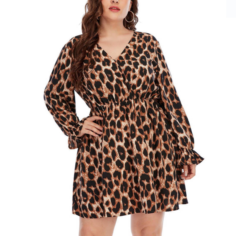Leopard Print Fashion Loose Women Curvy Dresses Wholesale Plus Size Clothing