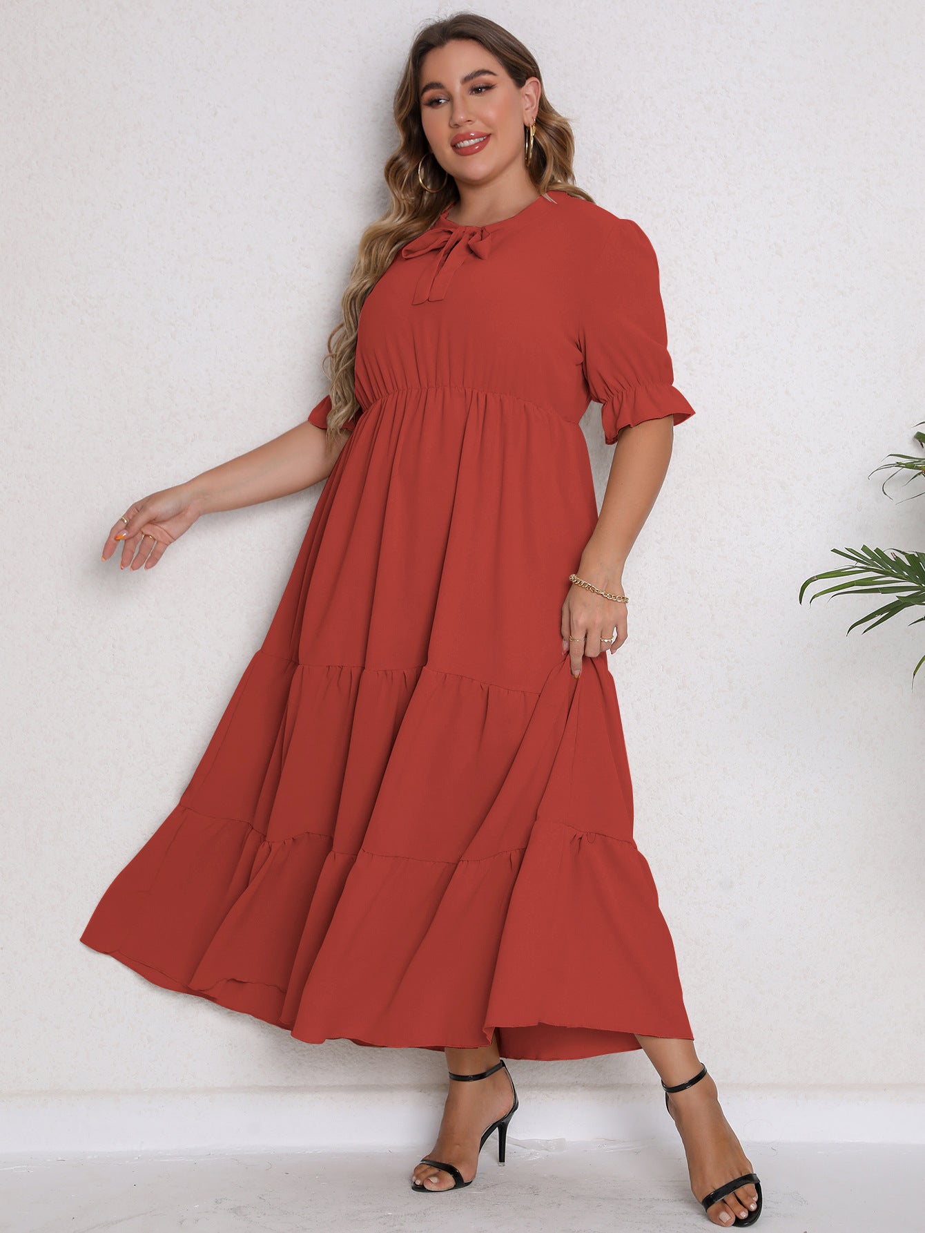 Solid Color Puff Sleeve Casual Smocked Curvy Dresses Wholesale Plus Size Clothing