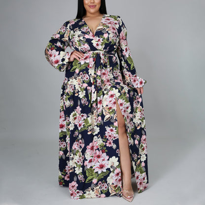 Cutout Sleeve Floral Print Slit Women Curvy Maxi Dresses Wholesale Plus Size Clothing