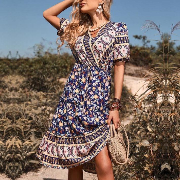 Short Sleeve Printing Summer Vintage Dress Wholesale