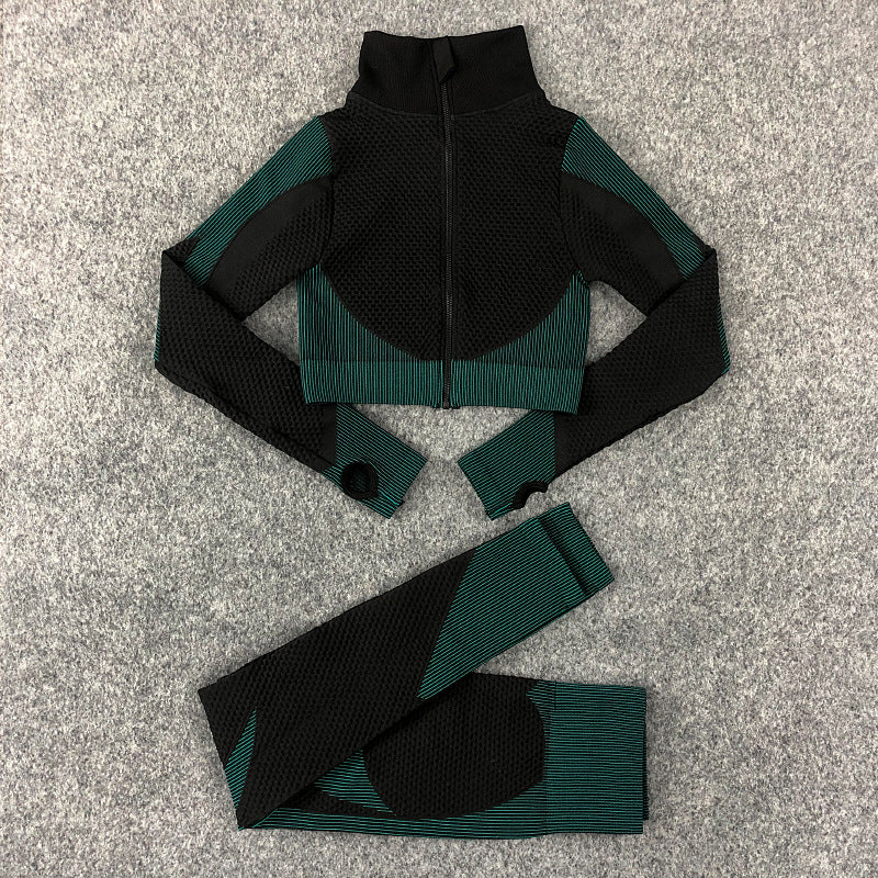 Colorblock Knitting Cardigan & Leggings Fitness Yoga Suits 2pcs Wholesale Activewear Sets