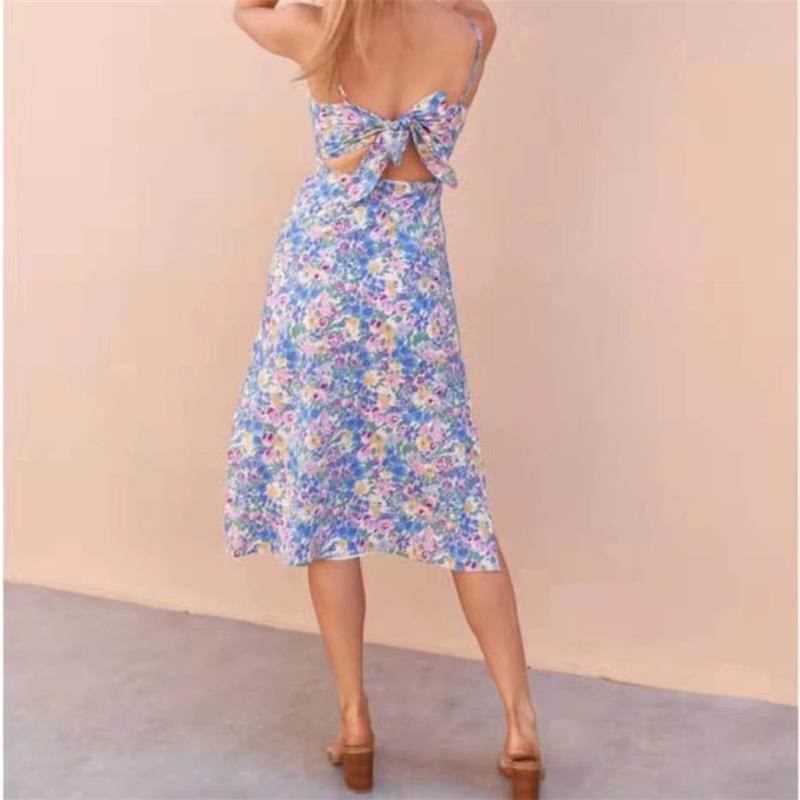 Open Back Bowknot Floral Print Sling Slit Midi Dress Sexy Summer Sundresses Wholesale Dresses