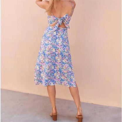 Open Back Bowknot Floral Print Sling Slit Midi Dress Sexy Summer Sundresses Wholesale Dresses