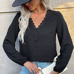 Casual V Neck Tops Solid Color Jacquard Wholesale Womens Long Sleeve T Shirts