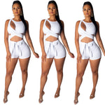 Solid Color Sleeveless Crop Tops+Shorts Hollow Out Wholesale Two Piece Sets
