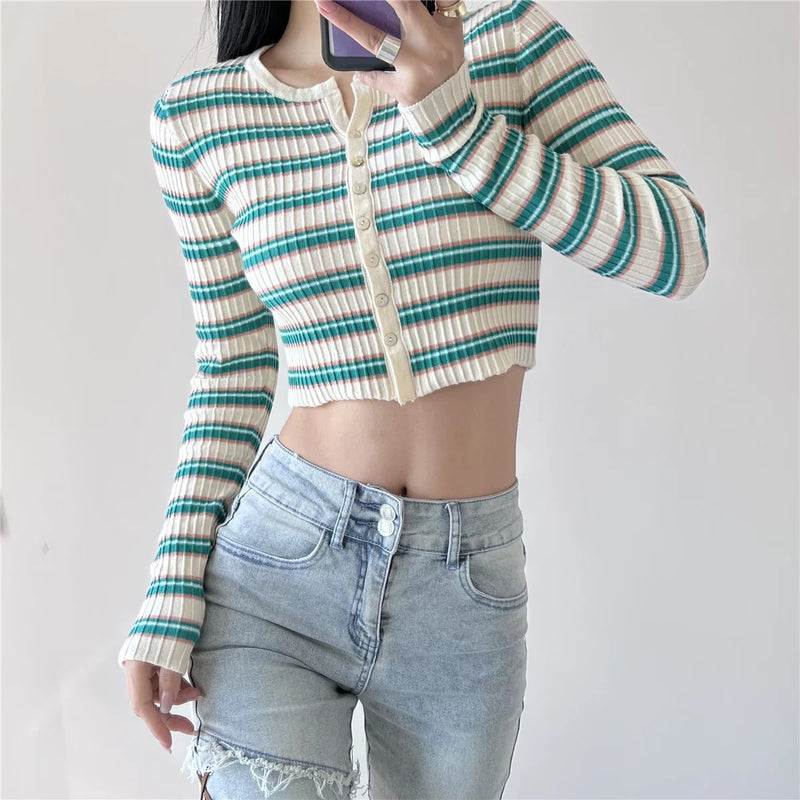 Striped Print Long Sleeve Round Neck Button Down Wholesale Cardigan Crop Tops