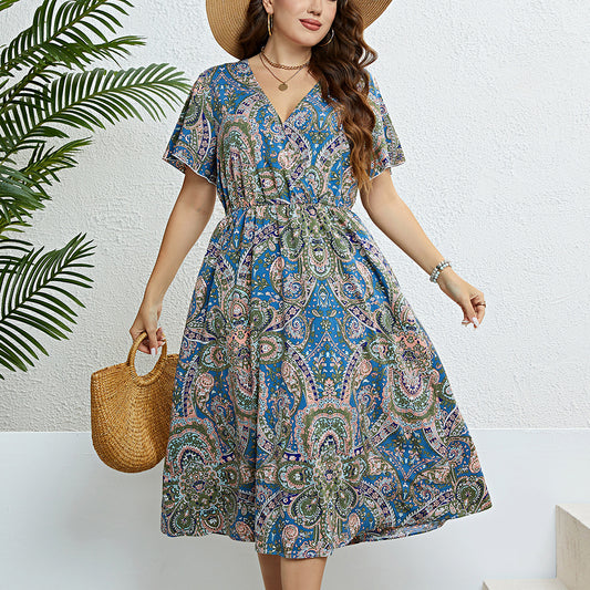 Wholesale Women'S Plus Size Clothing Printed V Neck Low Cut Fashion Slim Dress