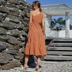 Solid Color Fashion High Waist Slanted Shoulder Smocked Dress Midi Casual Wholesale Dresses