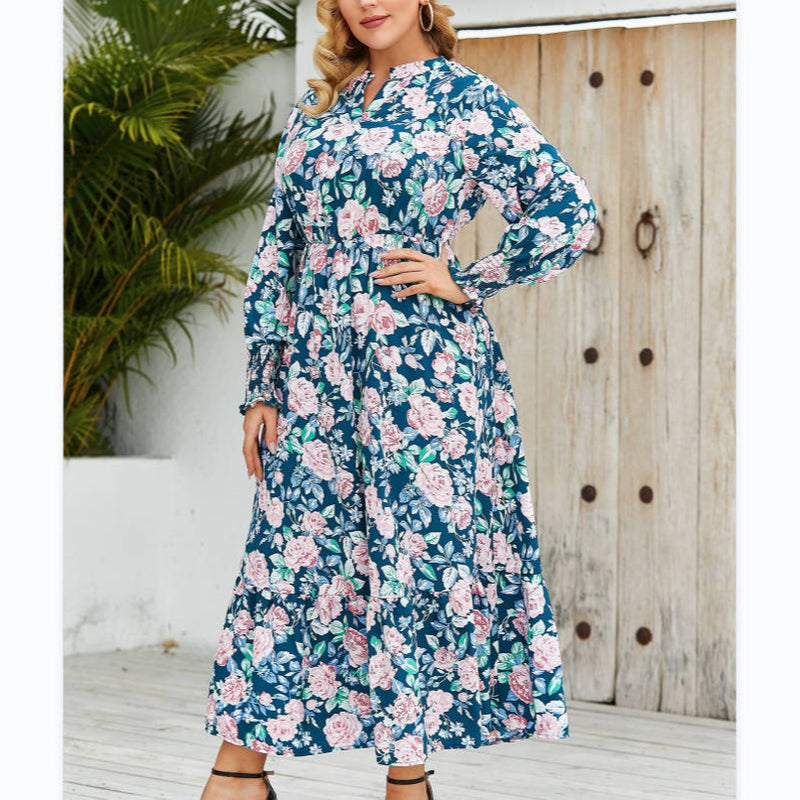 Long Sleeve Rose Print Women Curvy Dresses Wholesale Plus Size Clothing