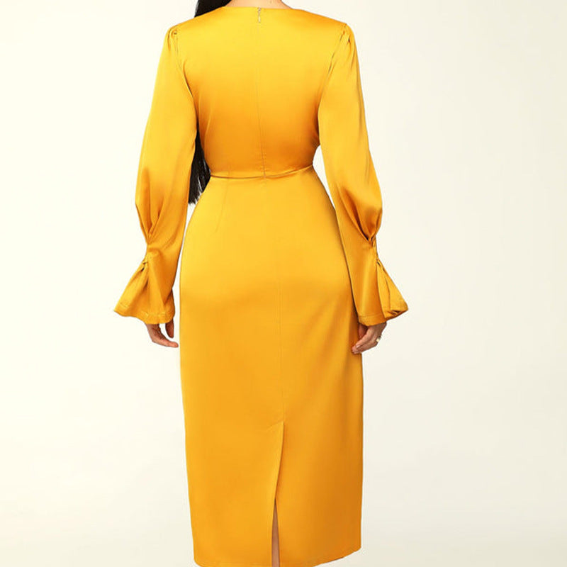 Solid Color Fashion Temperament Round Neck Long Sleeve Knot Design Wholesale Dresses