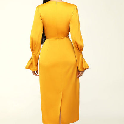 Temperament Round Neck Long Sleeve Satin Dress Wholesale Dresses