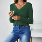 V-Neck Lace Stitching Loose Casual T-Shirts Wholesale Womens Tops