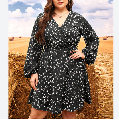 Puff Sleeve Floral Print V Neck Tie Waist Wholesale Plus Size Dresses