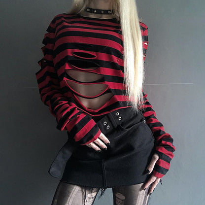 Dark Wind Street Personality Striped Long-Sleeved T-Shirt Crop Tops Wholesale Women'S Tops