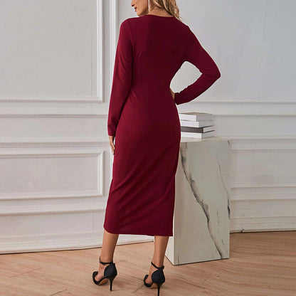 Solid Color V-Neck Slit Long-Sleeve Slim Ruched Wrap Dress Wholesale Dresses