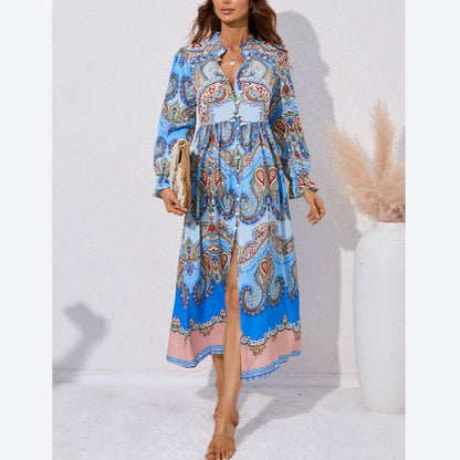 Fashion Printed Single-Breasted Long-Sleeve Shirt Dress Wholesale Dresses