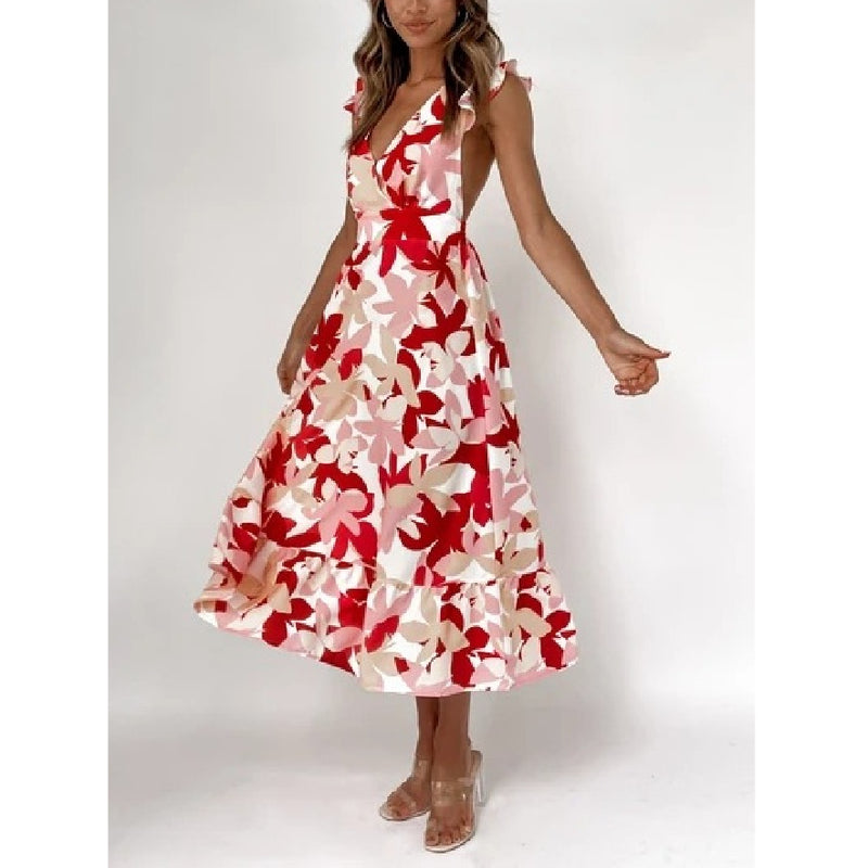 Summer Floral Print Frill Sleeve Backless Midi Dress Wholesale Dresses
