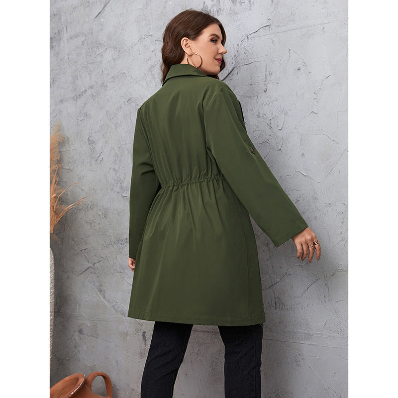 Wholesale Plus Size Women Clothing Simple Wind Suit Collar Mid-Length Solid Color Drawstring Windbreaker Jacket