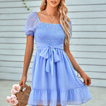 Solid Color V-Neck Waist Short-Sleeve Ruffled Dress Wholesale Dresses