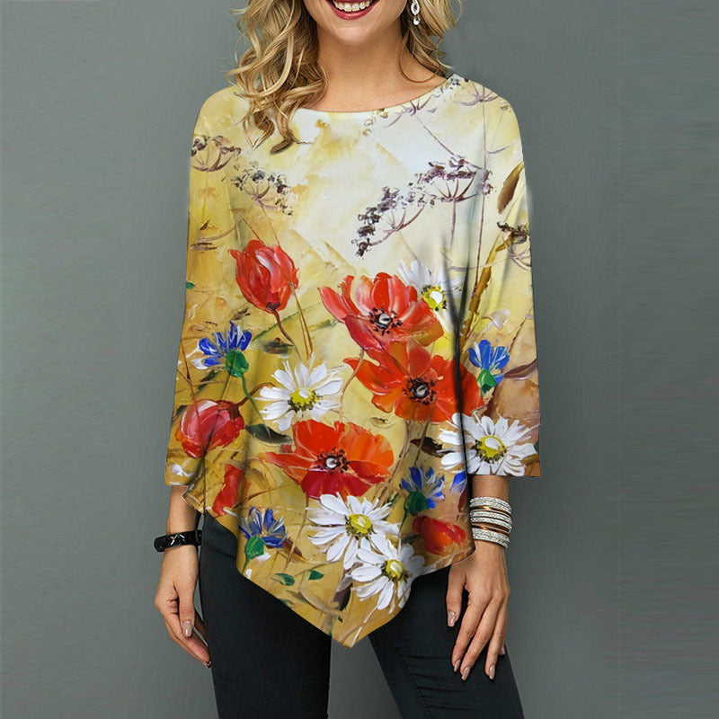 Fashion Print Tops Round Neck Irregular Hem Loose Wholesale Womens Long Sleeve T Shirts