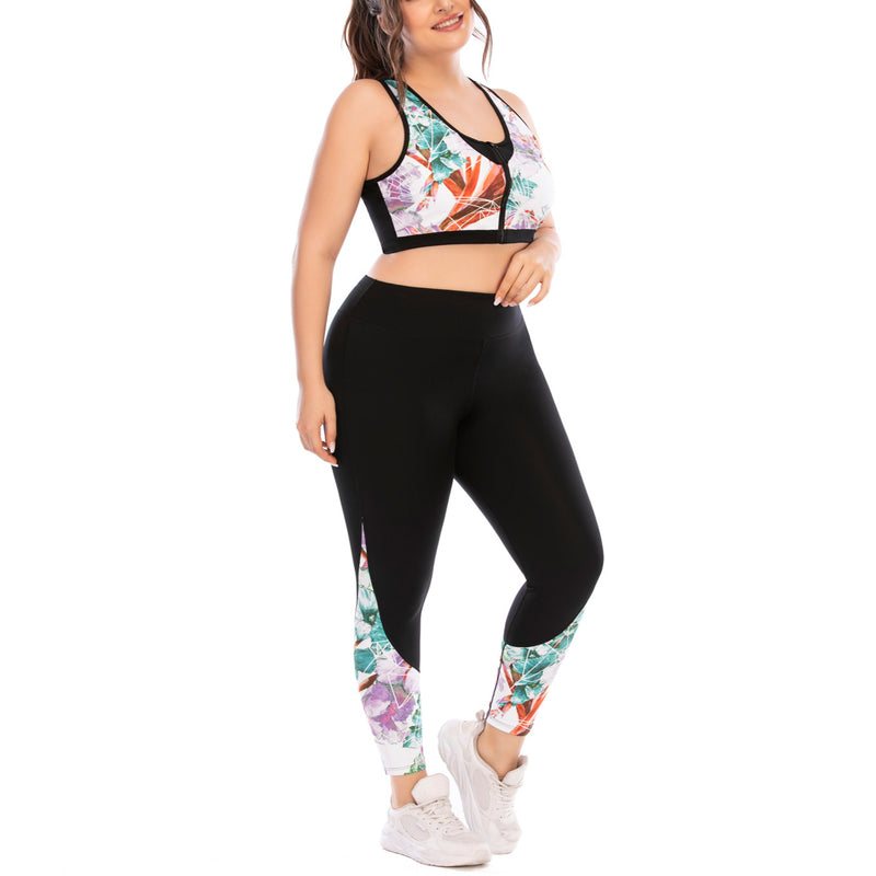 Sport Zip Bra & Leggings Printed Curvy Fitness Yoga Suits Workout Plus Size Two Piece Sets Wholesale Activewears