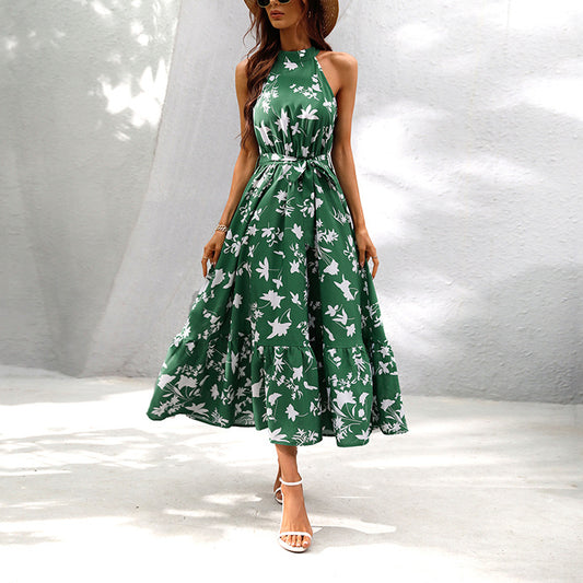 Printed Halterneck Sleeveless Lace-Up Ruffle Long Swing Dress Wholesale Dresses