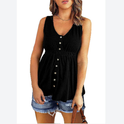 Plain Color Sleeveless V Neck Button Down Wholesale Flowy Tank Tops for Summer