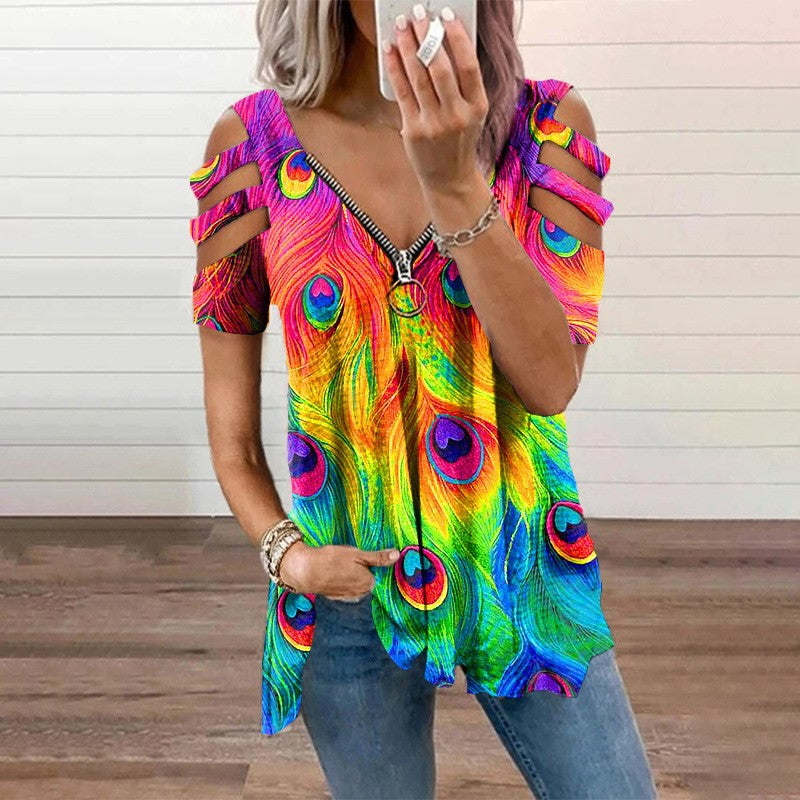 Printed V-Neck Zip Pullover Short Sleeve Loose Womens T-Shirt Wholesale Tunics Tops