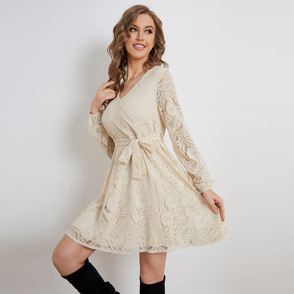 Lace Crochet Long Sleeve V Neck Tie Waist Wholesale Swing Dresses