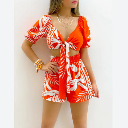 Printed Puff Sleeve Tie-Up Crop Tops & Shorts Sexy Vacation Suits Wholesale Womens 2 Piece Sets