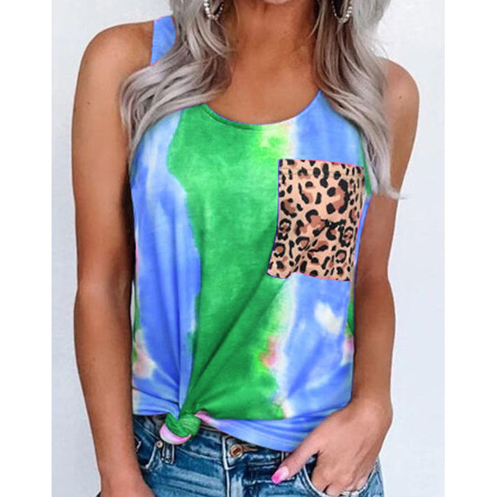 Tie Dye Leopard Sleeveless Tops Casual Round Neck Women Summer Tank Tops Wholesale With Pockets