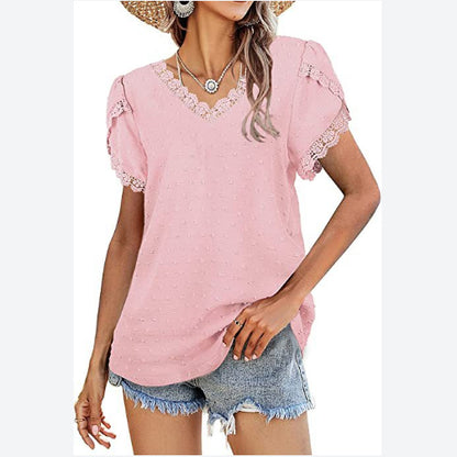 Lace Stiching Jacquard Petal Sleeve V-Neck Flocking Women'S Top Casual Wholesale T Shirts ST531081